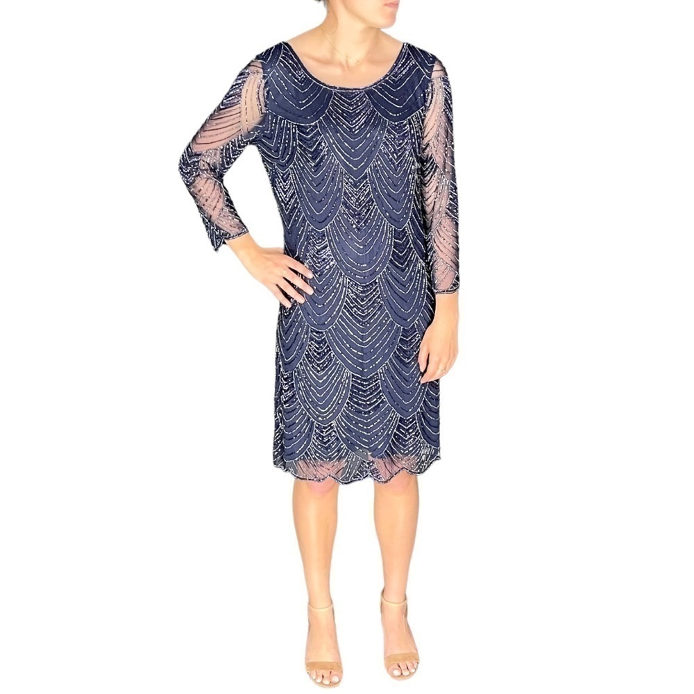 PISARRO NIGHTS BLUE ART DECO SCALLOP BEADED SHEER SLEEVE COCKTAIL SHEATH DRESS